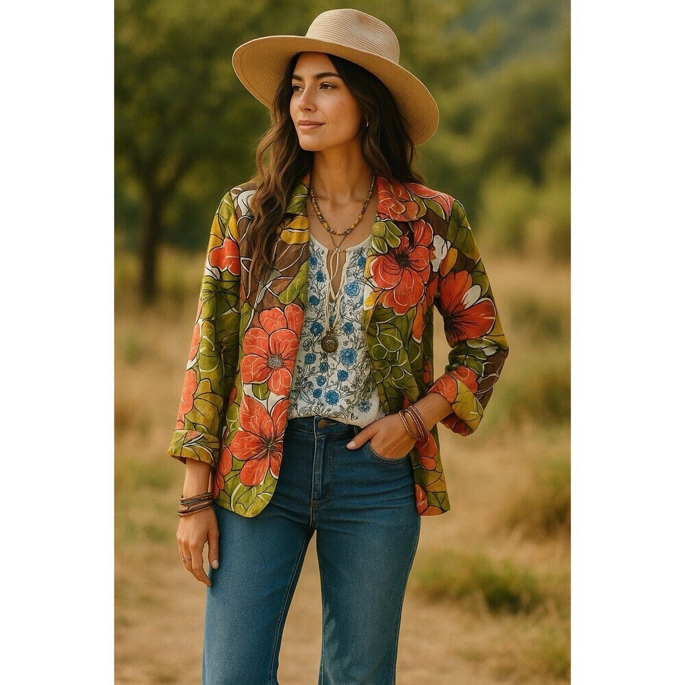 Trenz by Theresa Renz Woman Green Orange Blazer All Over Floral Bohemian Large